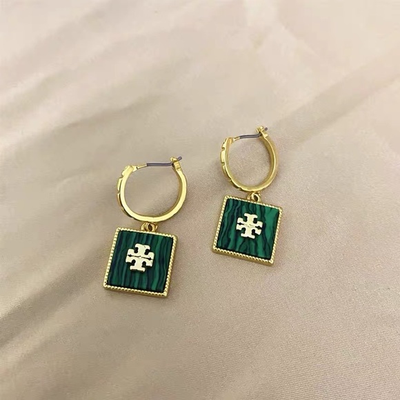 Green Tory Burch Gold Logo Earrings - Picture 4 of 6